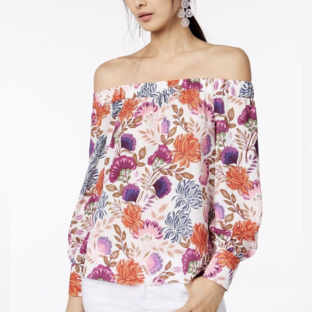 INC International Concepts Floral Off Shoulder Top Open Sleeve Boho Blouse Sz L - Picture 2 of 7